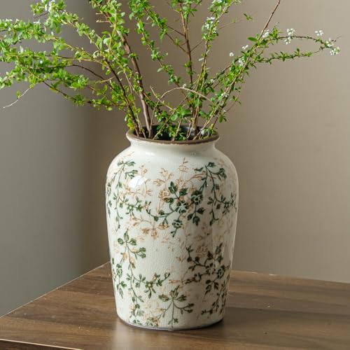 Vintage Pastoral Green Round Ceramic Vase 7.8”, Ice Crack Chinoiserie Floral Vase, Rustic Decor for Living Room, Bookshelf, Office, Table Centerpiece - color: 09-green and Beige