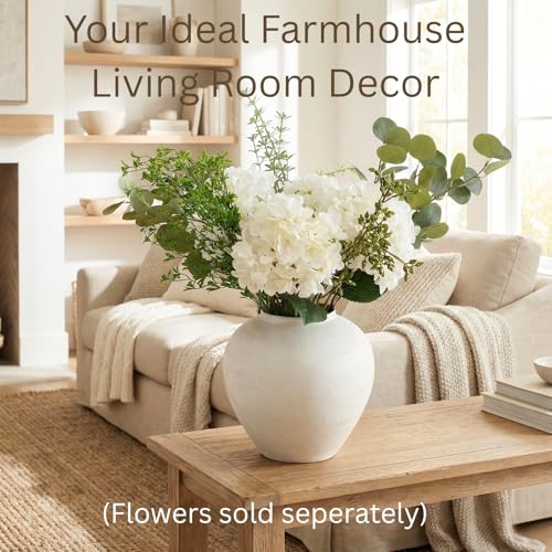 Large White Vase for Centerpieces - 11" Wide Textured Stone Look Metal Flower Vase for Table Decor - Rustic Farmhouse Vases for Living Room Dining Room Home Decor - color: White Large Brushed