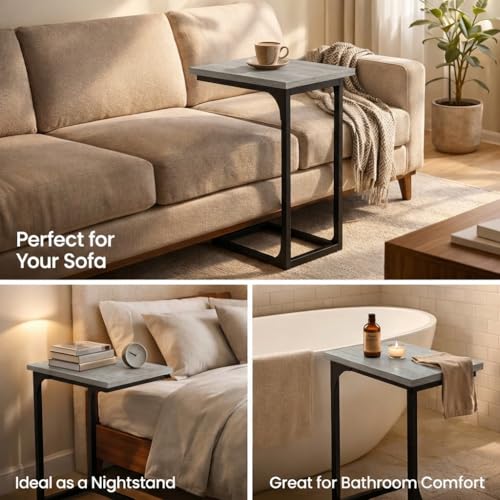 TEMI C Shaped End Table for Couch - Small Side Table and TV Tray for Eating or Laptop, Accent Desk for Chair or Sofa, Easy Assembly, Space-Saving Design for Living Room or Bedroom,Greige - color: Greige