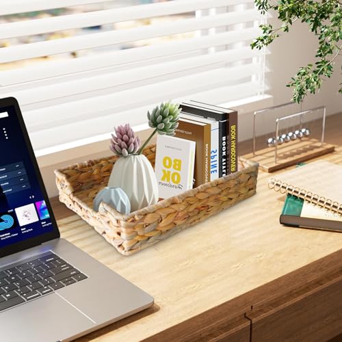 2 Pcs A4 File Tray, Natural Water Hyacinth Desk Basket, Wicker Paper Tray File Basket for Desk Organizer, Woven Letter Size Documents Trays for Office,Toilet Tank Organizer