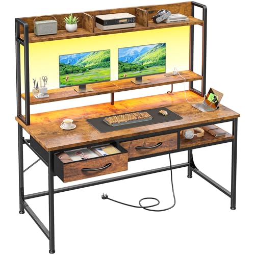 47.2"Office Desk with 2Drawers&Hutch,Computer Desk with Storage Rack&Monitor Stand,Gaming desk with LED&Power Outlet,Modern Study Writing Desk for Bedroom Home Office,Small Space,Rustic Brown - color: Brown, size: 18.9"D x 47.2"W x 61.1"H