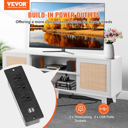 VEVOR Rattan TV Stand for 75in TV, Boho TV Stand with Rattan Door, Entertainment Center with Build-in Socket, Storage Cabinet with 2 Shelves, Modern TV Console for Living Room, Media Room, White - color: White, size: for 75" TVs