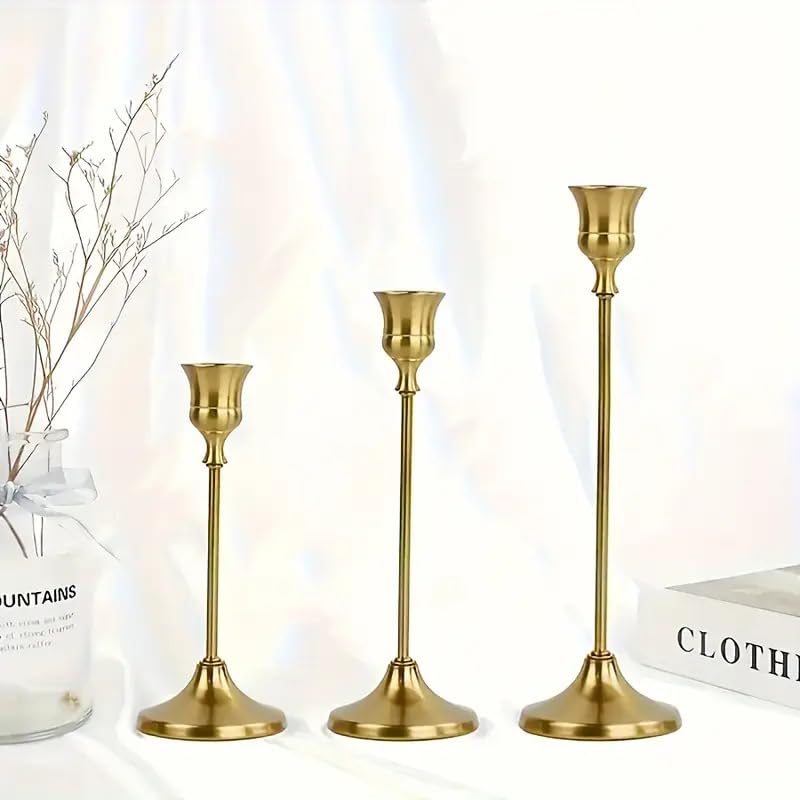 4 Sets(12 Pcs) Candle Stick Holders，Brass Gold Metal Taper Candle Holders, Vintage Modern Decorative Centerpiece Candlestick Holders for Table Mantel Wedding Housewarming Gift - color: Brass Gold-4 Sets(12 Pcs)