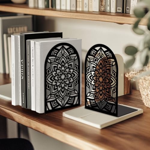 Peacoblue Metal Bookends for Shelves, Modern Decorative Heavy Duty Study Book Ends Stoppers for Office, Desk, Shelf, Room 5.3"x4.3"x7.9" Cast Iron Simple Tall Bookends 1 Pair (Mandala Pattern) - style: Mandala Pattern