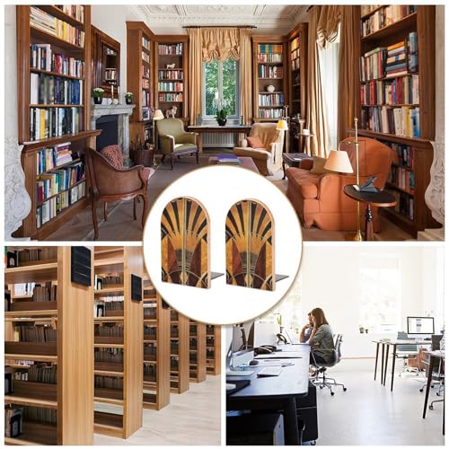 Wooden Bookends 2 Pcs,Art Nouveau Vintage Heavy Duty Office Book Ends Anti Slip Book Shelf Holder with Metal Base Decorative Book Stands - color: Art Nouveau Vintage