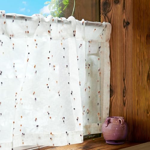 jinchan Semi Sheer Kitchen Curtains for Window 24 Inch Mini Pom-Pom Voile Tier Curtains Light Filtering Small Drapes for Bedroom Living Room Rod Pocket 2 Panels Amber Bloom - color: Dottie Amber Bloom, size: 26"W x 24"L (Pack of 2)