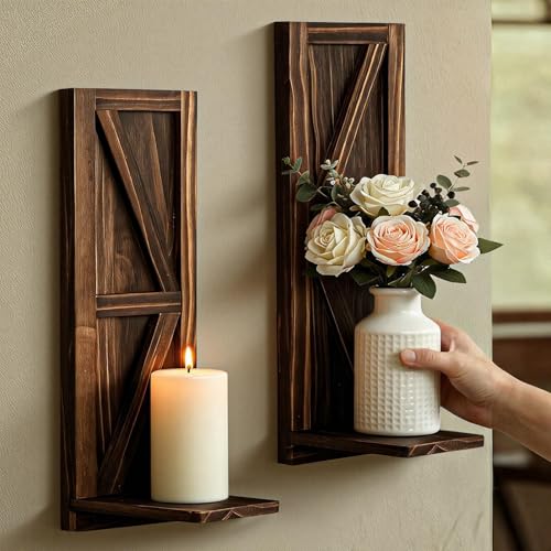 Candle Sconces Set of 2: Farmhouse Wall Candle Holder, Brown Wood Wall Sconces Set of Two,Handmade Wooden Art Decor for Living Room, Dining Room, Bathroom, Bedroom, or Entryway, 15.7"x5"