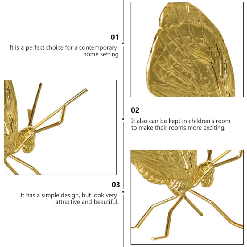 Golden Butterfly Metal Ornament, Solid Metal 3D Insect Desk Figurine Mini Desktop Ornament for Home, Office, Garden