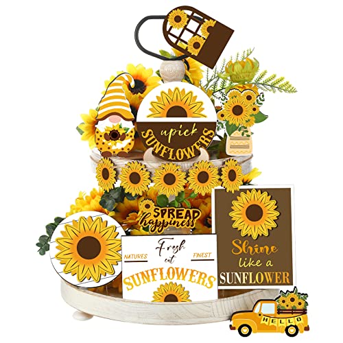 12 Pcs Sunflower Tiered Tray Decor Set Summer Kitchen Decor Tiered Tray Rustic Farmhouse Tier Tray Decor Items Sunflower Gnome Wooden Signs for Sunflower Party Decor Summer Home Decoration - style: Sunflower