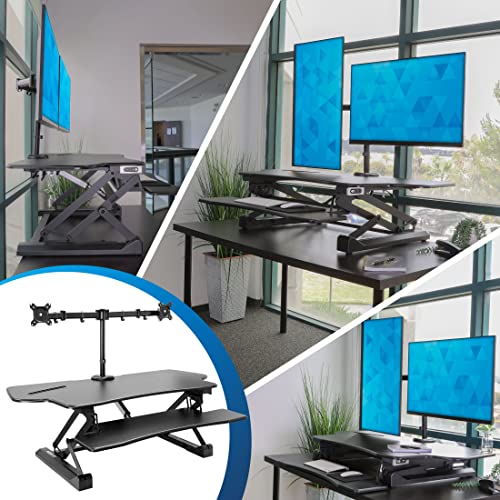 Mount-It! Electric Standing Desk Converter with Dual Monitor Arm, Stand Up Desk Riser X-Large 47.2" Wide, Electric Desk Riser with Mount for 2 Screens (Max 32"), Desktop with Keyboard Tray, USB, Black - size: X-Large 47.2"