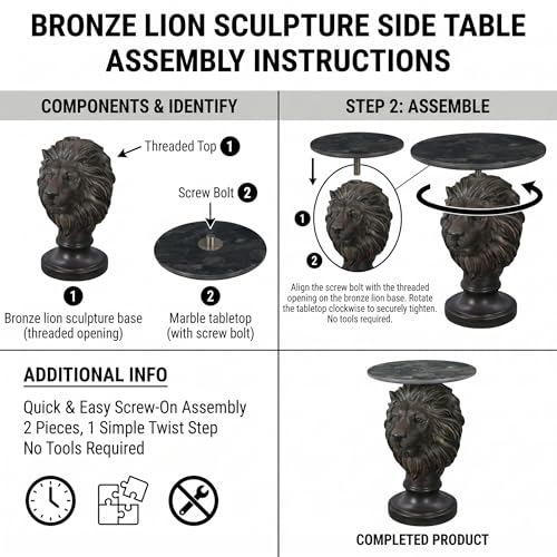 Vintage Bronze Lion Head Sculptural Side Table with Black Faux Marble Top, 19.69" Round Resin End Table, 25.59" H Majestic Accent Table for Living Room, Retro Office Decor, Heavy Duty - color: Black Lion