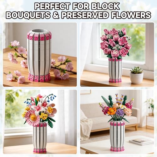 aphpaio Pink Vase for Flower Sets 10347, 10280, 10328, 10342, Perfect for Displaying Artificial Flowers, Valentine's Day for Women, Girls, and Adults (Vase Only)