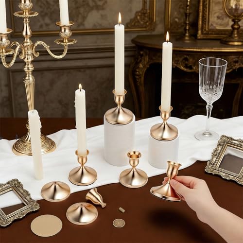 CUTHOLLOW 16 Pcs Metallic Gold Taper Candlestick Holder Vintage Style 2.71x2.83 Inch/6.9x7.2cm Rustproof Alloy for Kitchen Living Room Accent Decor, Golden