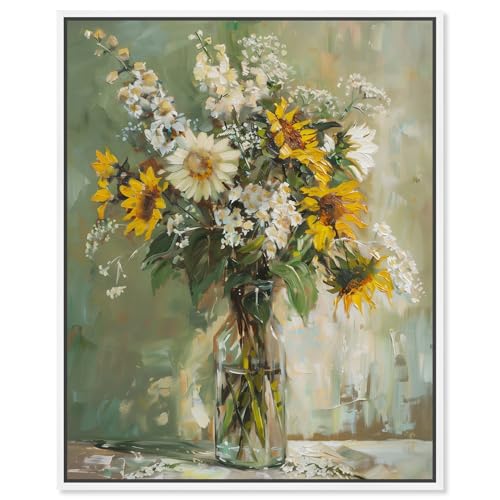 Art Remedy Sunflowers In A Glass Vase Canvas Vintage Farmhouse Wall Art, White Frame, 24" x 30" - color: White Frame, size: 31"L x 25"W