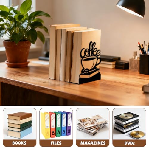 Peacoblue Metal Bookends for Shelves, Modern Decorative Heavy Duty Study Book Ends Stoppers for Office, Desk, Shelf, Room 5.3"x4.3"x7.9" Cast Iron Simple Tall Bookends 1 Pair (Coffee Beans and Books) - style: Coffee Beans and Books