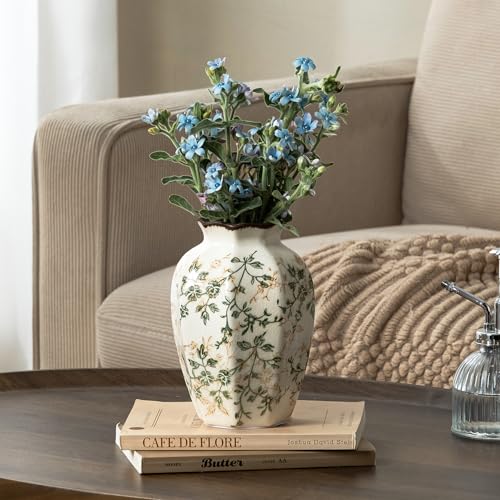 for Mom from Daughter or Son, Vintage Pastoral Octagonal Ceramic Vase 6.7”, Green Chinoiserie Floral Small Vase, Rustic Farmhouse Decor for Living Room, Kitchen, Bedroom - color: 03-green and Beige