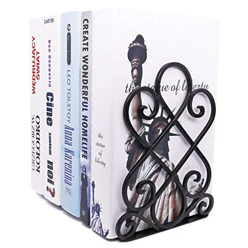 Anwenk Vintage Bookends with Felt Pads 2.2LB Heavy Duty Bookend Holder Long Base, Luxury Art Book Stand Retro Antique Style,Non-Skid Felt Pads to Protect Bookshelf Bookcase-Black,1 Pair - color: Black