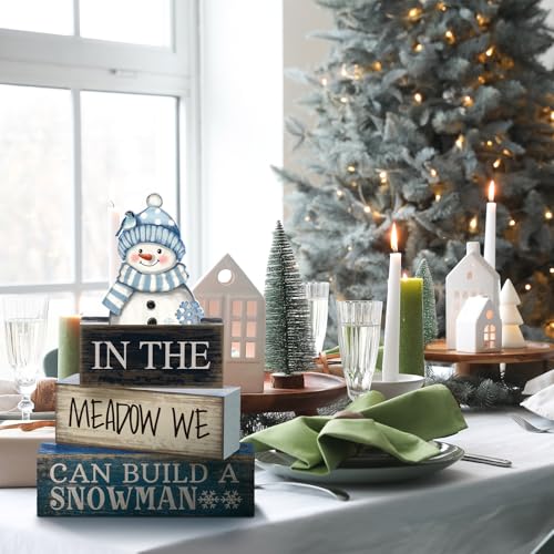 Yuntau 4 Pcs Winter Table Decoration Blue Snowman Decor Winter Tiered Tray Decor Christmas Centerpiece Decorative Wooden Snowman Block Sign Decoration for Home Kitchen - style: Snowman