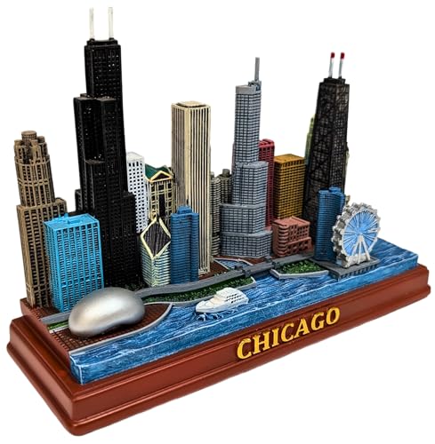 Chicago Skyline Tabletop Sculpture – Rectangular Base City Scene Featuring The Bean, Navy Pier Ferris Wheel & River Boat | Windy City Souvenir Home or Office Décor