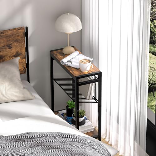 Small Side Table for Small Space, 3-Tier Narrow End Table with Magazine Holder,Slim Nightstand, Skinny Snack Couch Table in Living Room, Bedroom Study and Balcony (Rustic Brown &Black) - color: Rustic Brown