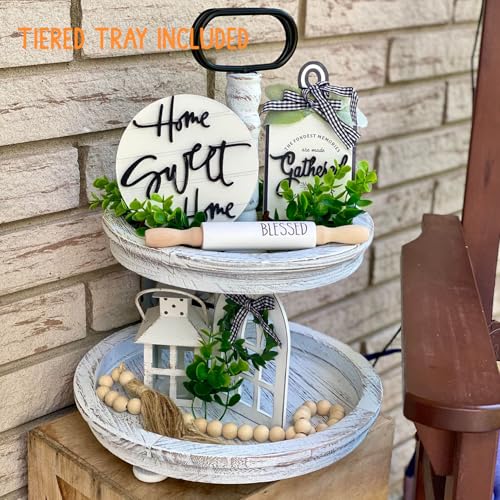 Houmury Set of 17 Farmhouse Tiered Tray with 1 Lantern Artificial Plant& Cutting Board Sign for Rustic Home Sweet Home Kitchen Decor Tier Tray Decor Set