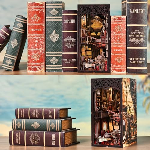 TOYQI Book Nook Kit, Book Nook Kits for Adults, DIY Miniature Dollhouse Kit 3D Wooden Puzzle Booknook Bookend with LED Light - style: Voyage Memories