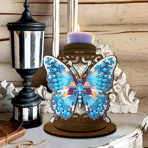 BAYUNOE DIY Candlestick Holders Wooden Desktop Diamond Art Painting Candle Holder Double-Sided Diamond Vintage Modern Decorative for Table Mantel Wedding Dinning Party-Blue Butterfly02 - color: Blue Butterfly02