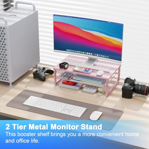 Gianotter 2-Tier Metal Monitor Stand Riser, Workspace Organizer with Desk Accessories, Office Storage for Supplies (Pink) - color: Pink