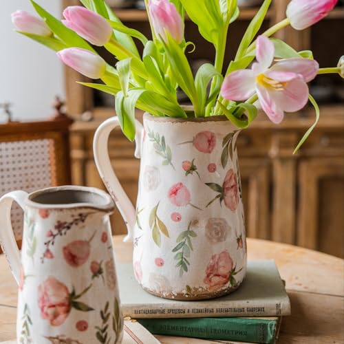 Vintage Fruit and Floral Ceramic Vase with Handle, Retro Ice Glazed Crack Farmhouse Pitcher Vase for Home Decor, Living Room, Shelf, Office, Rustic Table Centerpiece 7 Inch - color: Floral and Fruit, size: Small Pitcher