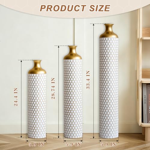 Floor Vases, Tall Home Decor Metal Vase Set of 3 Large Glazed Decorative Vases for Wedding Decor, Elegant Modern Flower Holder for Living Room, Entryway, Hallway, Dining Room - color: Leaf Scatter White Gold