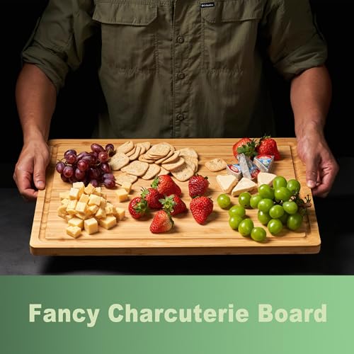 Allsum 20x14" Extra Large Bamboo Cutting Boards for Kitchen, XL Wood Charcuterie Boards Cheese Serving Tray with Side Handles and Juice Grooves, Solid Durable Reversible - size: 20"L x 14"W