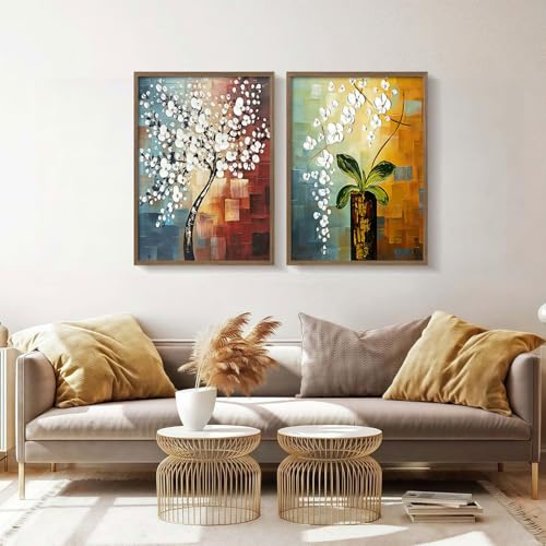 2 Piece Framed Canvas Art Prints Morning Glory Modern Abstract White Flowers Oil Painting Style Wall Floral Gallery Poster for Living Room Bedroom Office Decor Ready to Hang 24 x 16 Inch - color: Abstract White Floral Oil Painting, size: 24"x16"