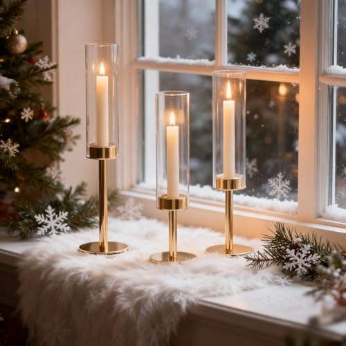 Gold Hurricane Candle Holders Set of 3, Tall Metal & Windproof Glass Taper Candle Holders, Brass Candlesticks Holder Decorations, Table Centerpieces for Weddings, Christmas, Parties, Fireplace Decor - color: Gold
