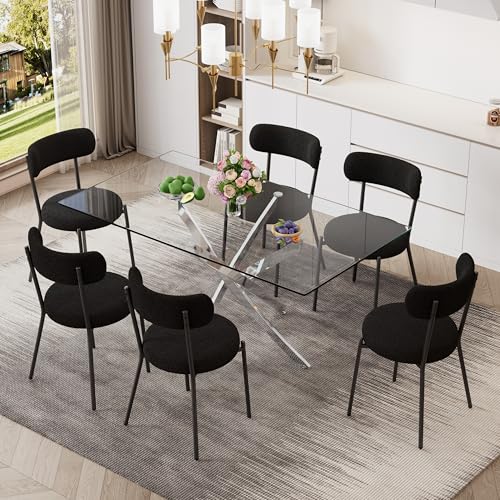 7 Piece Rectangular Glass Dining Table Set, 63'' Modern Kitchen Table Set Silver Base with 6 Minimalism Black Boucle Dining Chairs, Dining Table and Chairs for Home, Apartment - color: Silver+black Chairs, size: 63'' + 6 Chairs