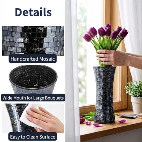 Cididu Mosaic Flower Vase, 11.6 inch Glass Black Vases for Centerpieces, Handmade Modern Decorative Tall Vase, Glitter Mosaic Vases for Home Decor Wedding Flower Arrangeme Birthday