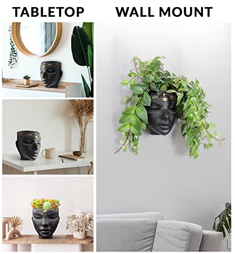 Head Planter - Indoor & Outdoor Home Decor Gifts for Plant Lovers - for Flat Surface or Wall Mount - Unique Face Planter for Flowers, Succulents, & More (7 inch, Serena Design, Black) - color: Serena Black