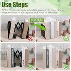2 Pcs Adjustable Bookends, 2 Dividers, Metal Book Ends for Heavy Books Anti-Slip Book Organizer for Desk Shelves Office, Extends up to 19 inch (Black)