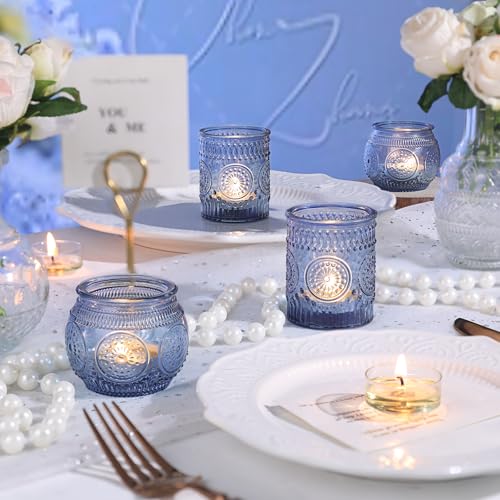 DARJEN 12Pcs Blue Votive Candle Holders - Votive Candle Holders Bulk, Glass Candle Holder for Party Decoration, Tea Lights Candle Holders for Wedding - color: Blue, size: 12 PCS
