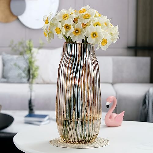 Large Amber Glass Vase for Home Decor Ribbed Tall Gold Floor Vase 12.0" Decorative Vases for Table Centerpieces Flowers Decor and Farmhouse(Brown 8.0in) - color: Amber, size: H-12.0IN
