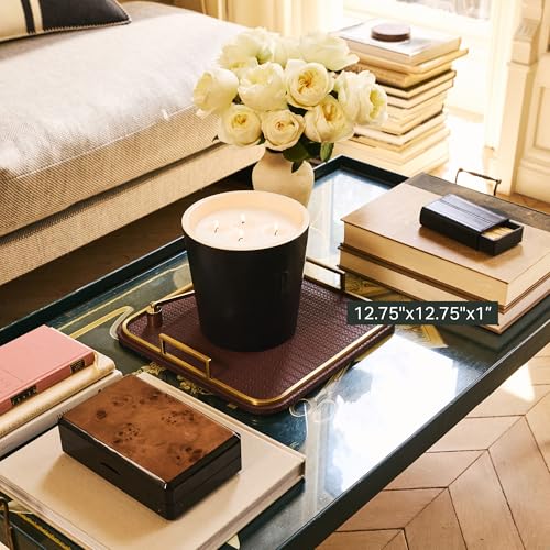 Preston Lane Mayfair Decorative Tray – Vegan Leather with Woven Texture, Brushed Brass Handles – Serving, Dresser & Coffee Table Tray, Espresso - color: Espresso