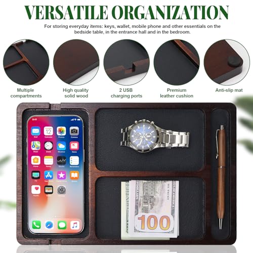 MultiBey Acacia Wood Valet Tray with Leather Inlay | Mens Valet Tray & Desk Organizer | Elegant EDC Catchall Trays for Phone, Wallet, Keys, Watch, Jewelry - color: Acacia - Leather & Cable Slot