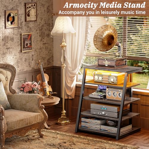 Armocity 5-Tier AV Media Stand with Power Strips, Media Console with LED Lights, Audio Tower Rack with Adjustable Shelves, Stereo Stands and Racks, 40.8'', Grey Oak - color: Grey Oak, size: 40" (H)