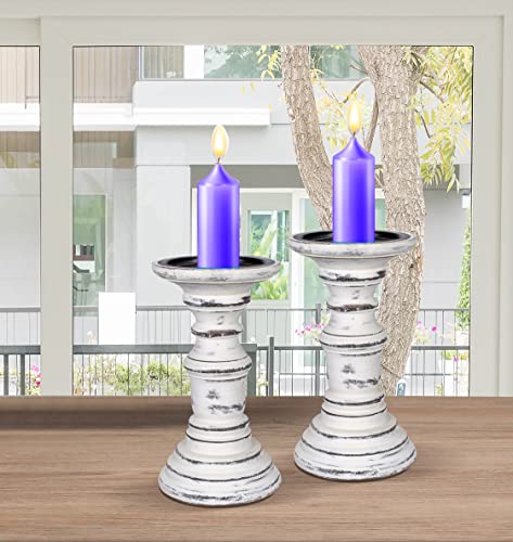 Farmhouse Wooden Candle Holders (Set of 2) - 7.5" Tall Pillar Stands, Antique Finish, Rustic Vintage Decor, Shabby Chic Home Accent, Decorative Centerpieces for Table - Antique White - color: White Antique, size: 7.5 Inch
