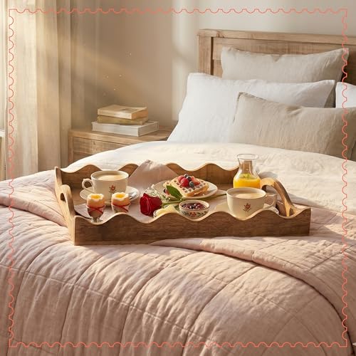 Mela Artisans Ottoman Wooden Serving Tray | Large, Scallop | Decorative Mango Wood | Serve Breakfast, Other Foods, Coffee and Tea | Rustic Home Decor | 16" x 12” x 2.5”