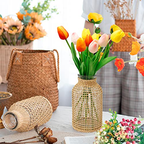 MDEOOSKY Straw Woven Glass Vase 7.87''x1.96''x4.13''Boho Glass Flower Vase Country Rustic Style Vase Glass Vase for Floral Arrangements Bottle Height (B Style 7.87IN) - size: 7.87IN