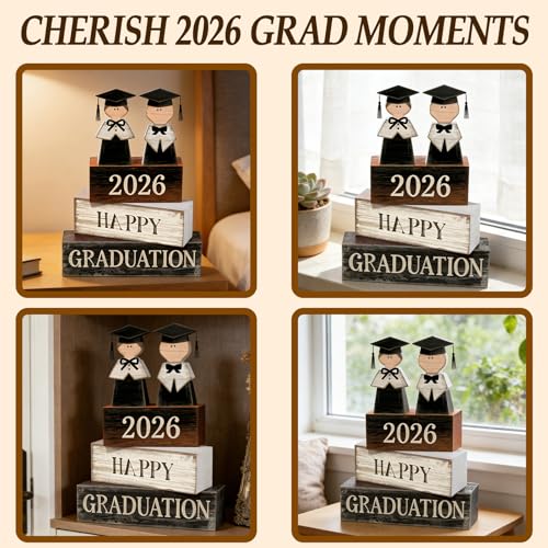 2026 Graduation Table Decorations Class of 2026 Senior Tiered Tray Decor Wooden Block Signs Farmhouse Congrats Grad Tabletop Party Centerpiece for Tables Wooden Sign for Home Decor - style: graduate