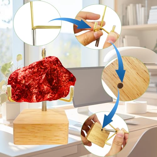 4 Pcs Rock Display Stand Crystal Display with Wooden Base Adjustable Metal Arms Display Easels for Gemstones Fossils Minerals Agate Slabs Plates Crystals Small Collectibles Display Stands,1.97 x 1.97 x 3.94 Inch