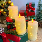 Rechargeable Flameless Candle, Flickering LED Pillar Real Wax Candle with Fairy Lights, Remote Control and Timer, Upgraded Teardrop Wick, Built-in Battery Electronic Candle, Set of 3 - color: Copper-Wire Drop
