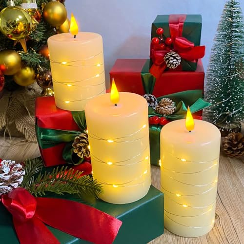 Rechargeable Flameless Candle, Flickering LED Pillar Real Wax Candle with Fairy Lights, Remote Control and Timer, Upgraded Teardrop Wick, Built-in Battery Electronic Candle, Set of 3 - color: Copper-Wire Drop