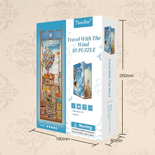 Tonecheer DIY Book Nook Kit for Adults,3D Wooden Puzzle Bookend Bookshelf Insert Library Decor, Booknook Miniature House Kit with Body Motion Sensor LED Light (Travel with The Wind)